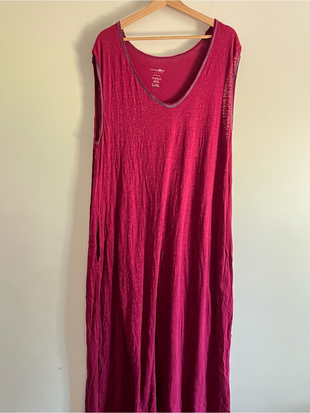 Natural Life Burgundy 100% Cotton Boho Lagenlook Maxi Dress Pockets Size L/XL